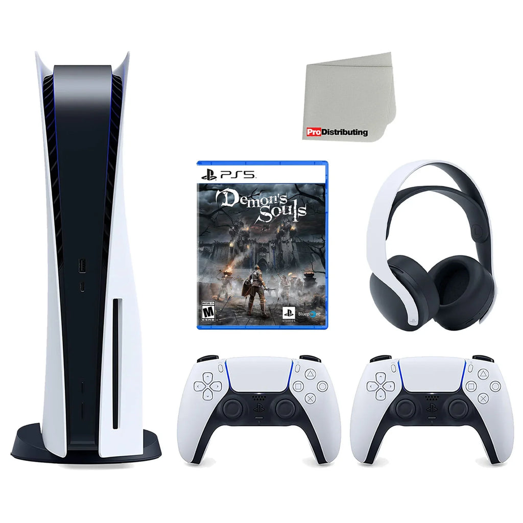 Sony Playstation 5 Disc Version Console with Extra White Controller, White  3D Headset and Demon's Souls Bundle with Cleaning Cloth
