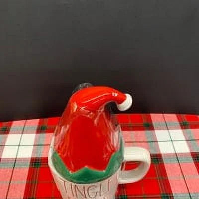 Rae Dunn   Ceramic Mug in Ivory with Red  Letter and Red Green Cap Topper Christmas