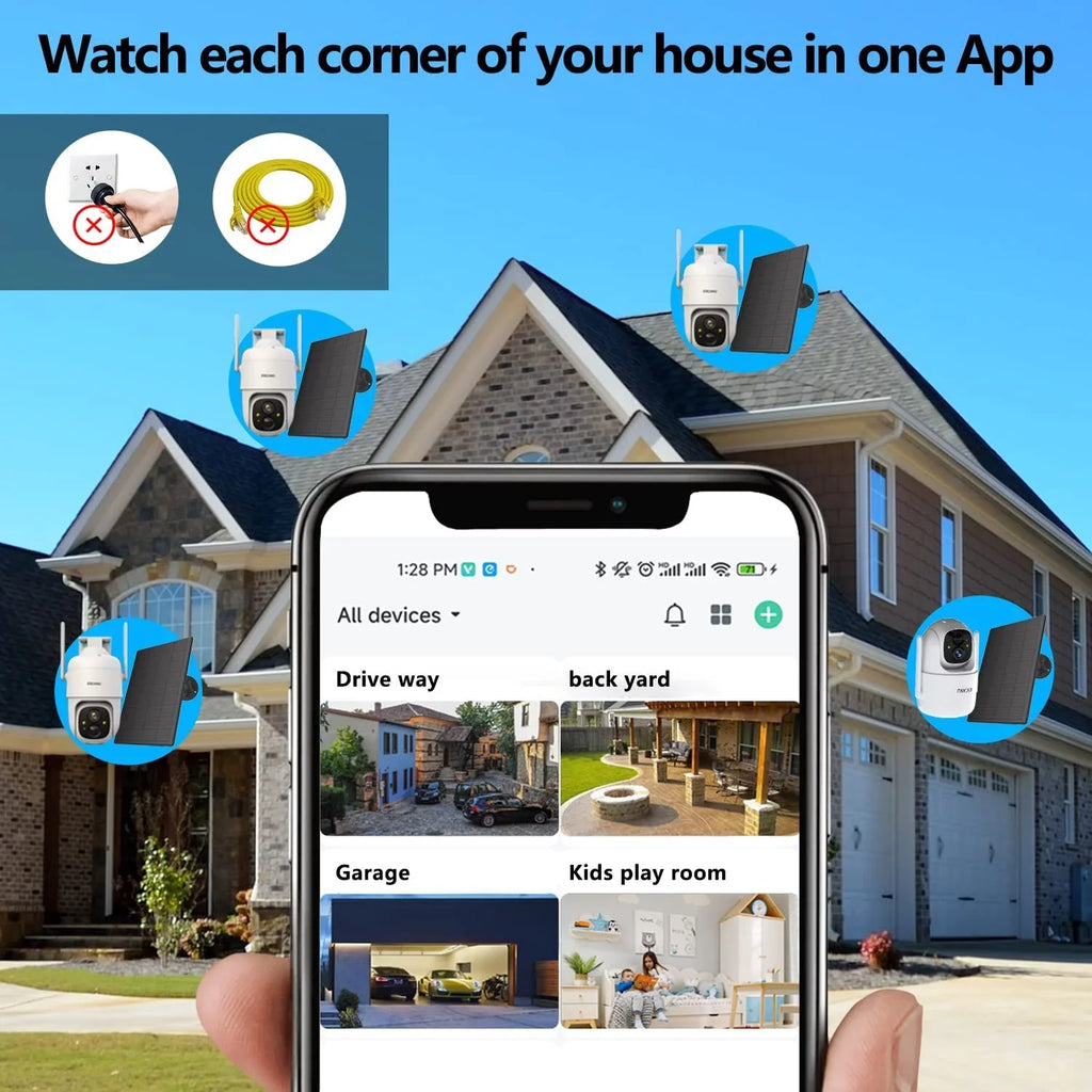 Solar WiFi Security Camera with , Color Night Vision, 360 View, Waterproof, Alarm - Rechargeable Battery
