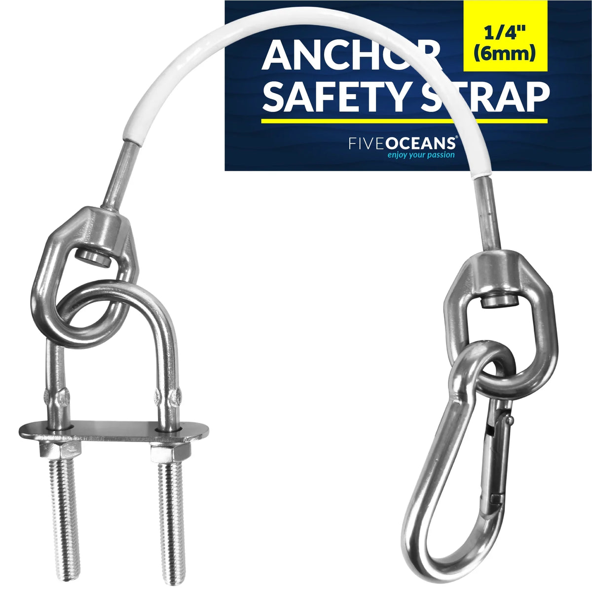 Five Oceans 12-Inch Anchor Safety Straps, Heavy Duty 7x19  Coated Stainless Steel 6mm Wire Rope, Includes 5/16-Inch Carabiner Snap Hook and 5/16-Inch -Bolt -