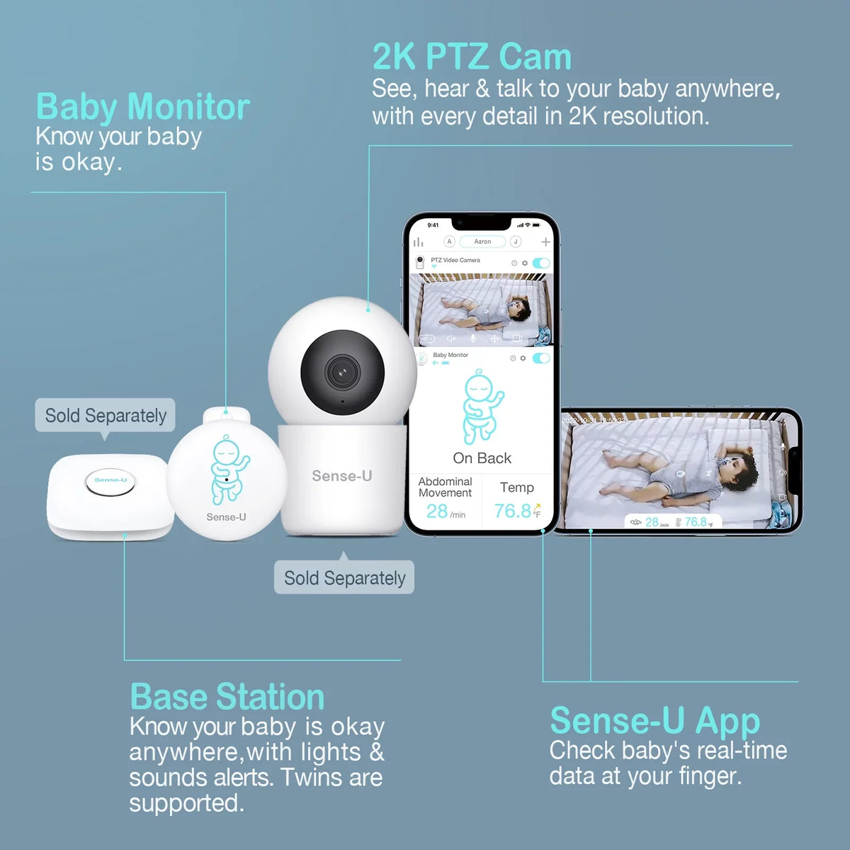 Sense- Smart Baby Abdominal Movement Monitor - Tracks Baby's Abdominal Movement, Temperature, Rollover and Sleeping Position for Baby Safety with Instant Audio Alerts on Smartphones, Pink