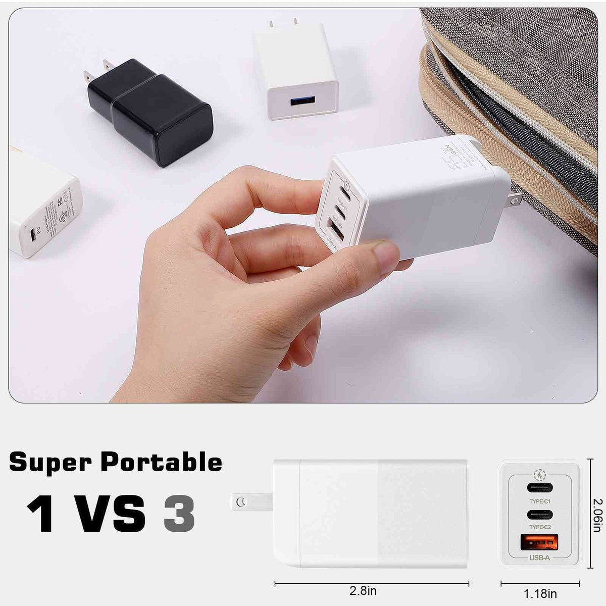 UrbanX 65W Fast Travel Charger with 3 Ports  & Dual - High-Speed Charging Compatible with Ulefone Power Armor 16 Pro/Armor 15/Power Armor 14 Pro/Power Armor 14/Armor 12 5G, iPhone, Samsung