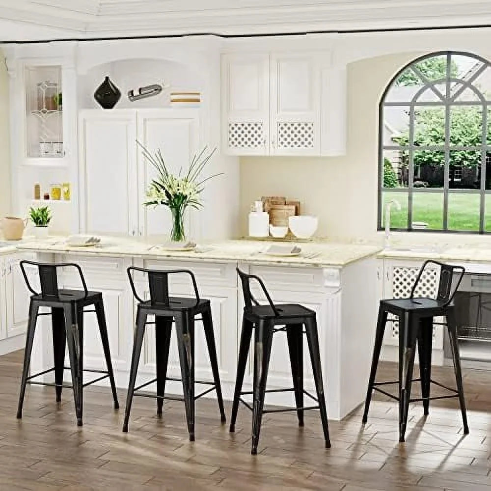 SPBOOMlife Metal  Stools Set of 4 Barstools Counter Height  Stools with Back Industrial  Stools Indoor Outdoor Kitchen Dining Chairs Modern  Chairs Distressed Navy Blue 24inch Stools