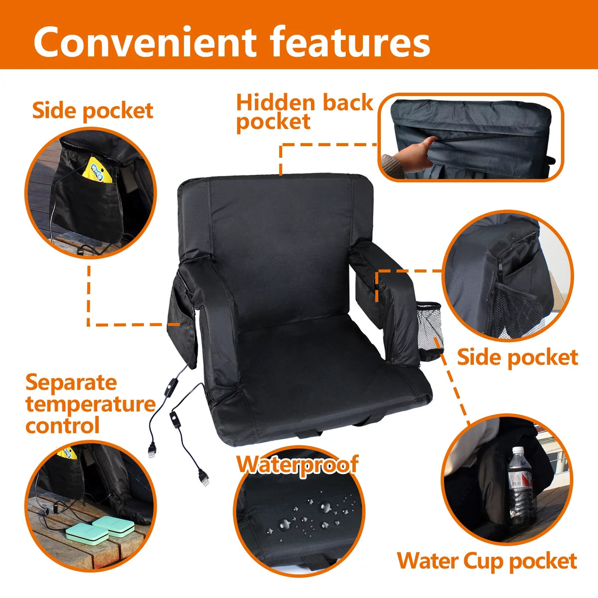 Sojoy Double Heated Stadium Seats for Bleacher with Back Support, 21" Extra Wide Folded Bleacher Chair with  Heat for Outdoor Camping, Sports Gaming