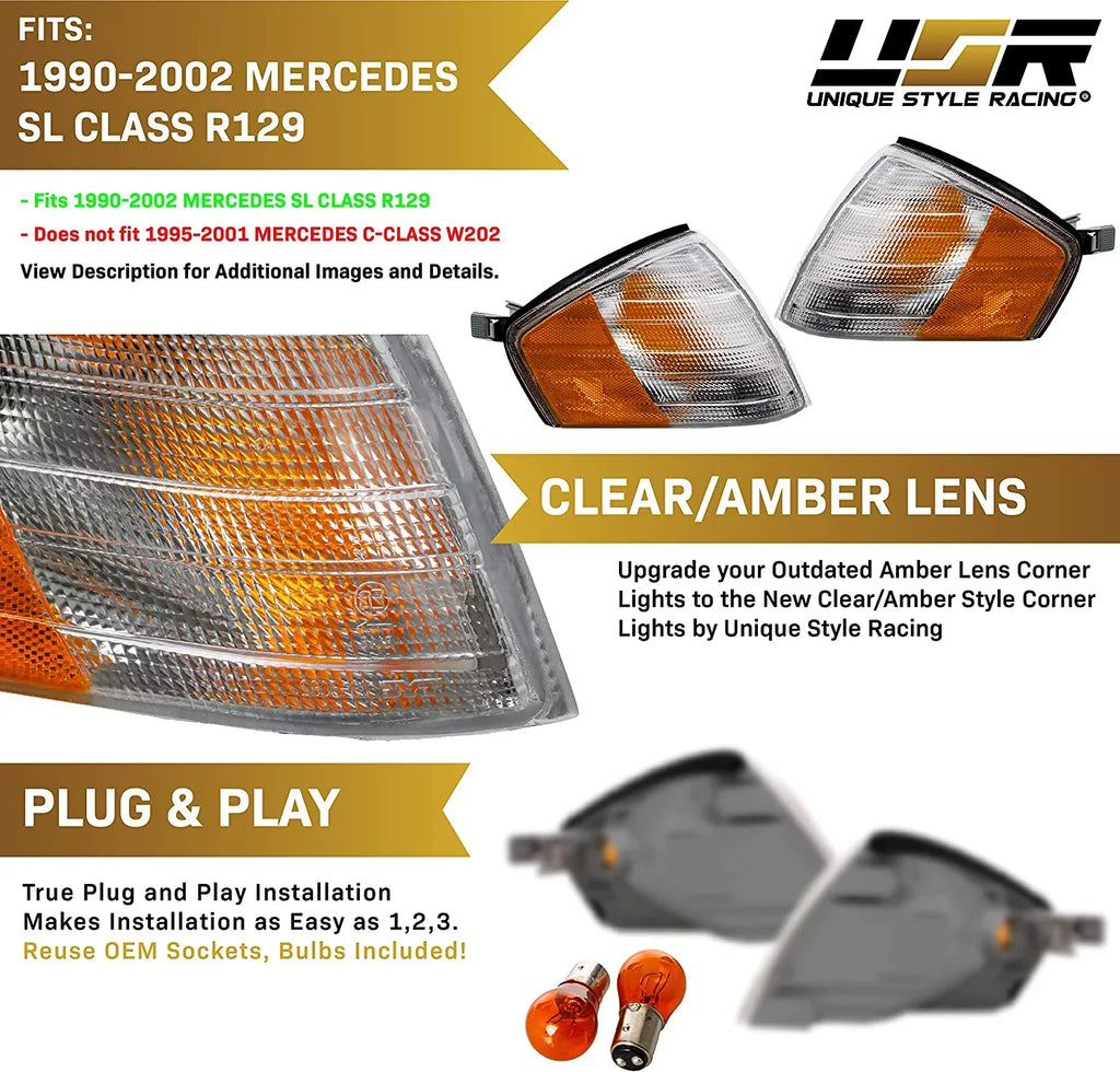 Corner Lights - Replacement Amber / Clear Frost Lens Front Turn Signal Lamps Set (Left + Right) Compatible with 1990-2002 Mercedes Benz  Chassis  Class Roadster