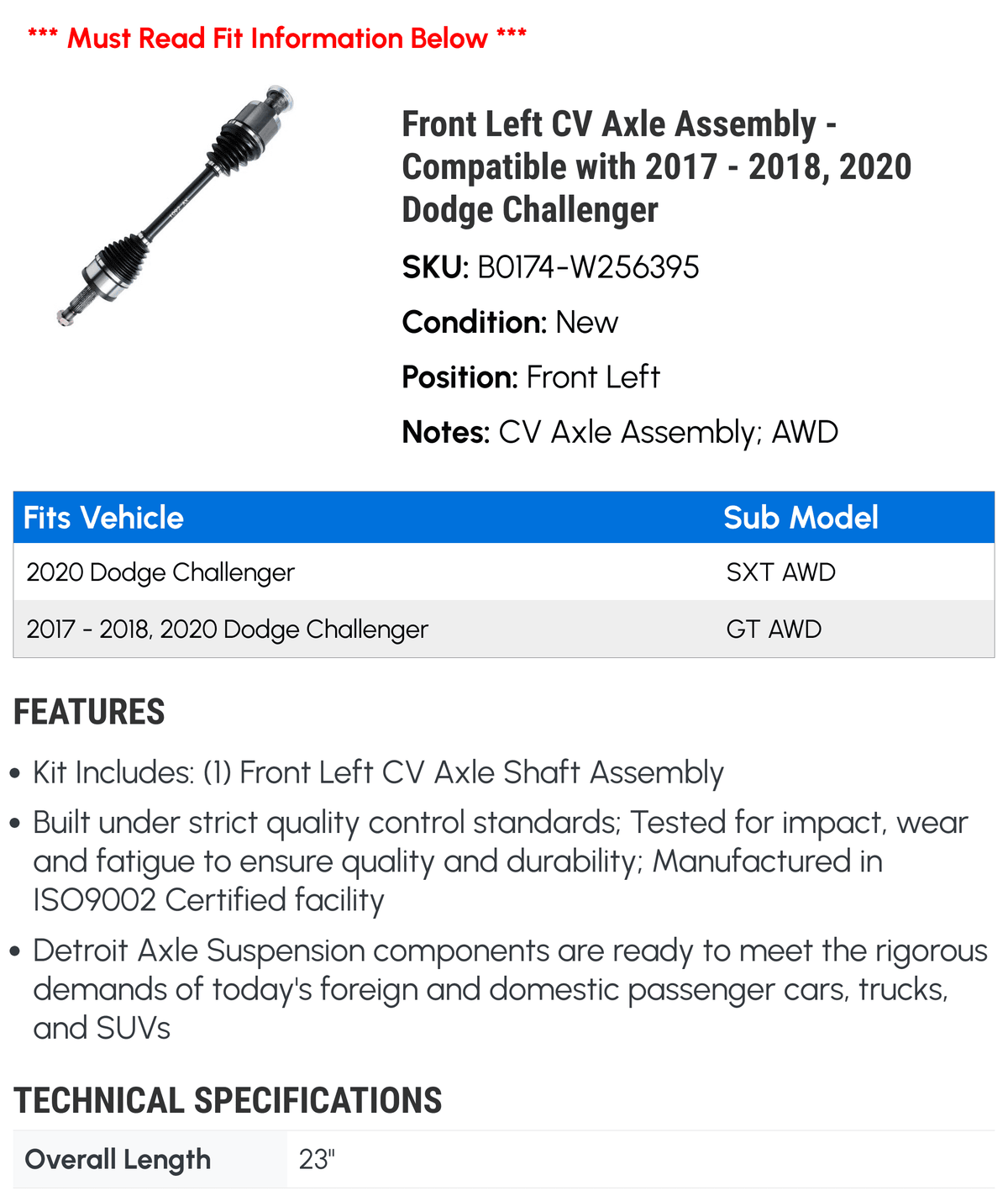 Front Left  Axle Assembly - Compatible with 2017 - 2018, 2020 Dodge Challenger