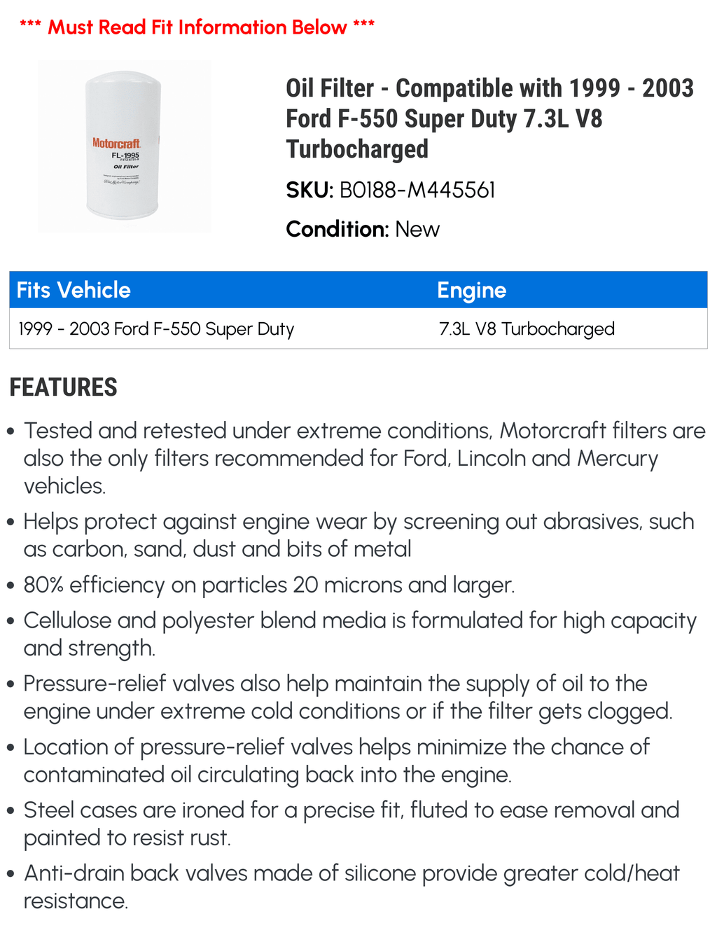 Oil Filter - Compatible with 1999 - 2003 Ford -550 Super Duty 7.3L  Turbocharged 2000 2001 2002