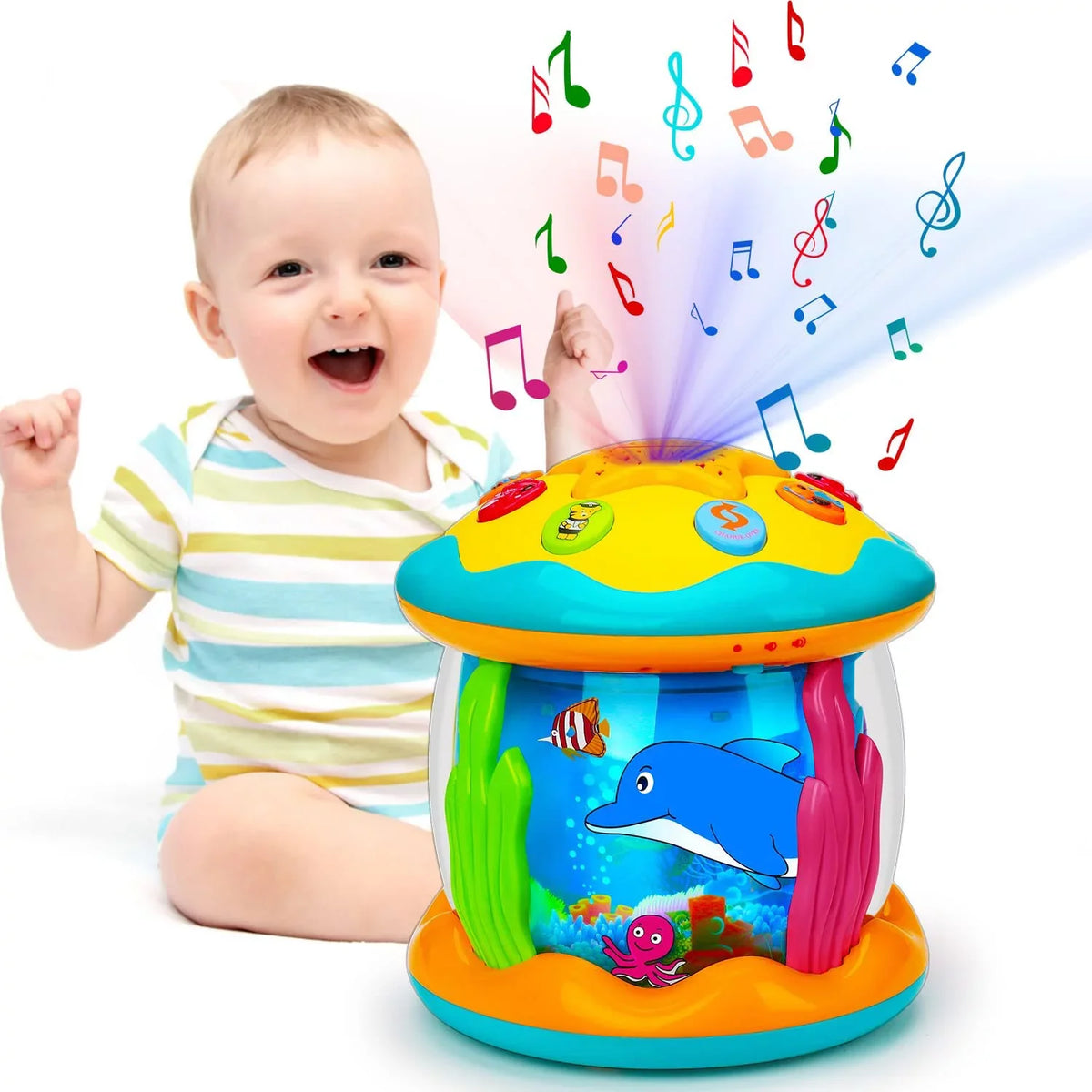 Baby Toys 6 to 12 Months 4 in 1 Musical Projector Ocean Rotating Tummy Time Learning Crawling Light Up Toys