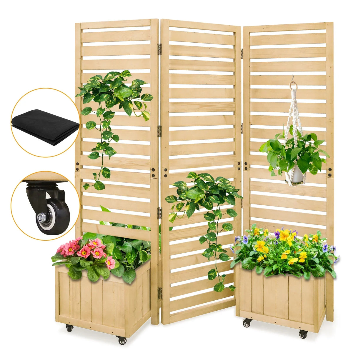 Tri Fold Outdoor Cedar Privacy Screen with 2 Raised Garden Beds, 3 Hinged Panels for Patio, Deck, Backyard, Freestanding Privacy Panel with Planter Boxes,61.3'' x 19.7'' x 66.5'',Natural