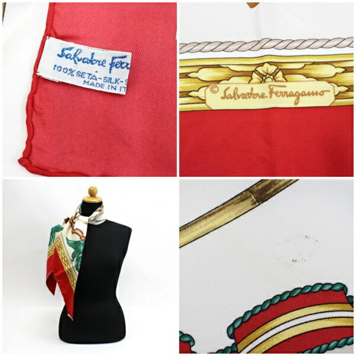 Pre-Owned Ferragamo Silk Scarf Stole Muffler Red x White Horse Pattern   | Ladies (Good)