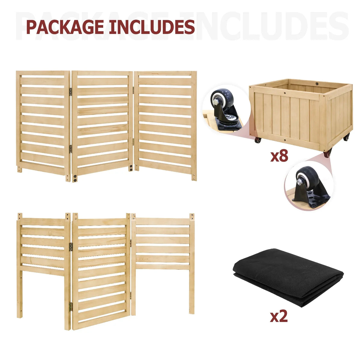 Tri Fold Outdoor Cedar Privacy Screen with 2 Raised Garden Beds, 3 Hinged Panels for Patio, Deck, Backyard, Freestanding Privacy Panel with Planter Boxes,61.3'' x 19.7'' x 66.5'',Natural