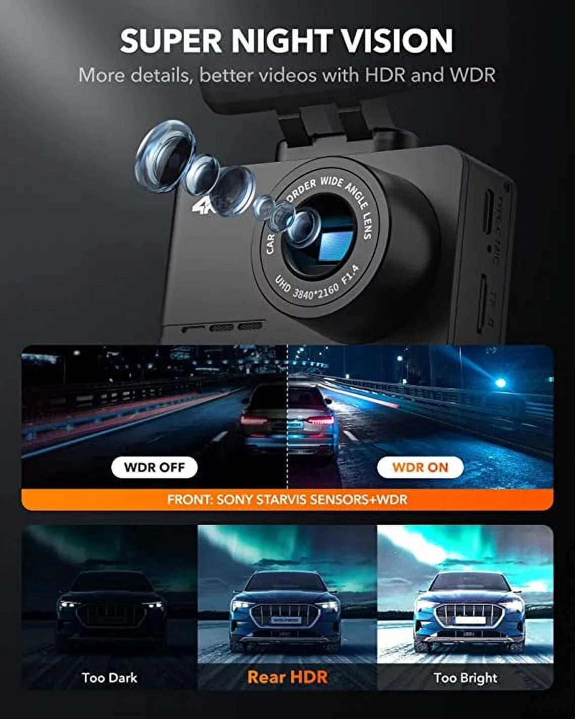 Dash Cam Front and Rear, 4K Dashcam for Cars with WiFi , 4K/2.5K Dash Cam Front+ 1080P Rear with 2.45" , Night Vision, Loop Recording, Parking Monitor