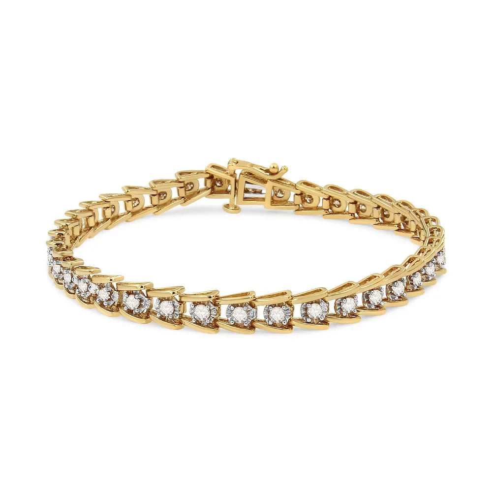 14K Yellow Gold Plated .925 Sterling Silver 2.00 Cttw Miracle Set Diamond Wave Link Bracelet (- Color, - Clarity) - Size 7.25"