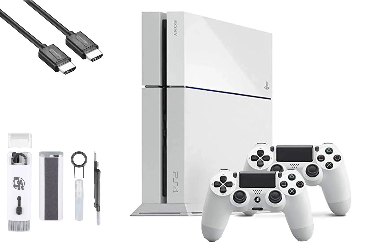 Sony PlayStation 4 500GB Gaming Console White  Cable 2 Controller with   Cleaning Kit Bundle Like New