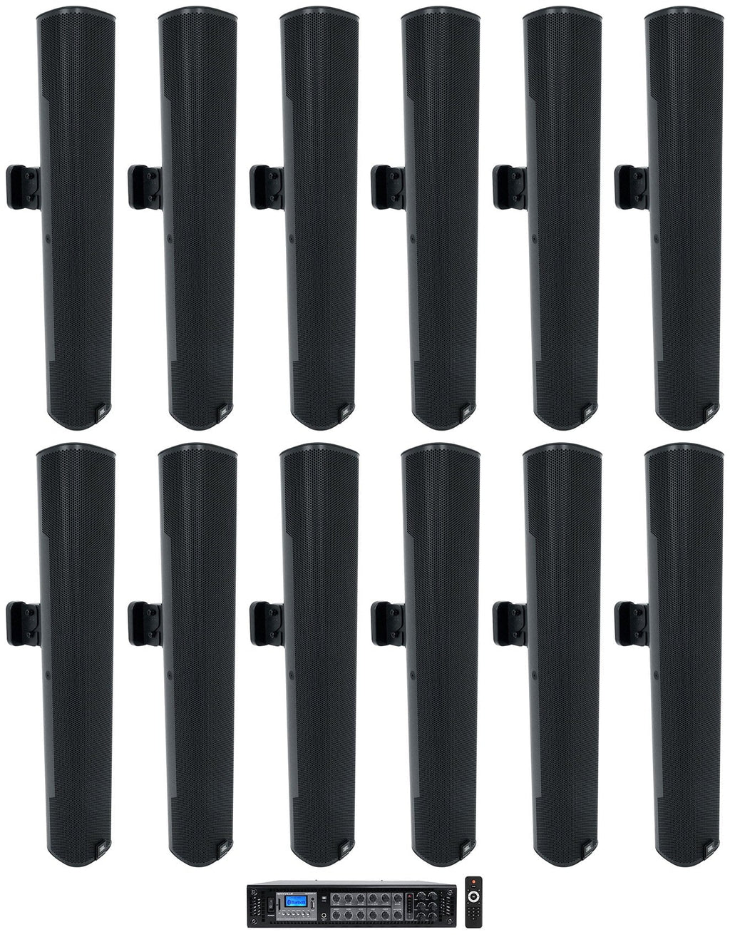 (12)  - 24" Black 70V Commercial Column Wall Mount Array Speakers+Amp