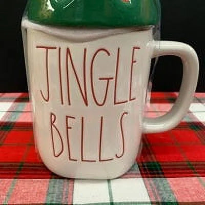 Rae Dunn   Ceramic Mug in Ivory with Red  Letter and Red Green Cap Topper Christmas
