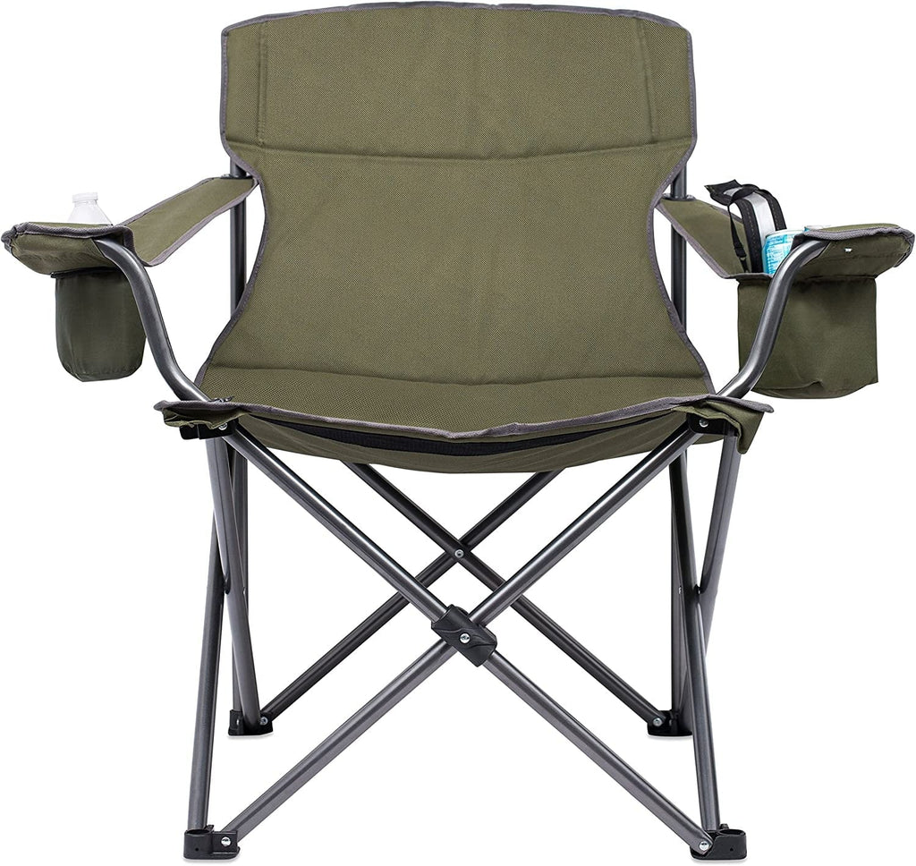 Internet's Best  Padded Camping Folding Chair - Cooler Bag - Outdoor - Green - Sports - Insulated Cup Holder - Heavy Duty - Carrying Case - Beach - Extra Wide - Quad