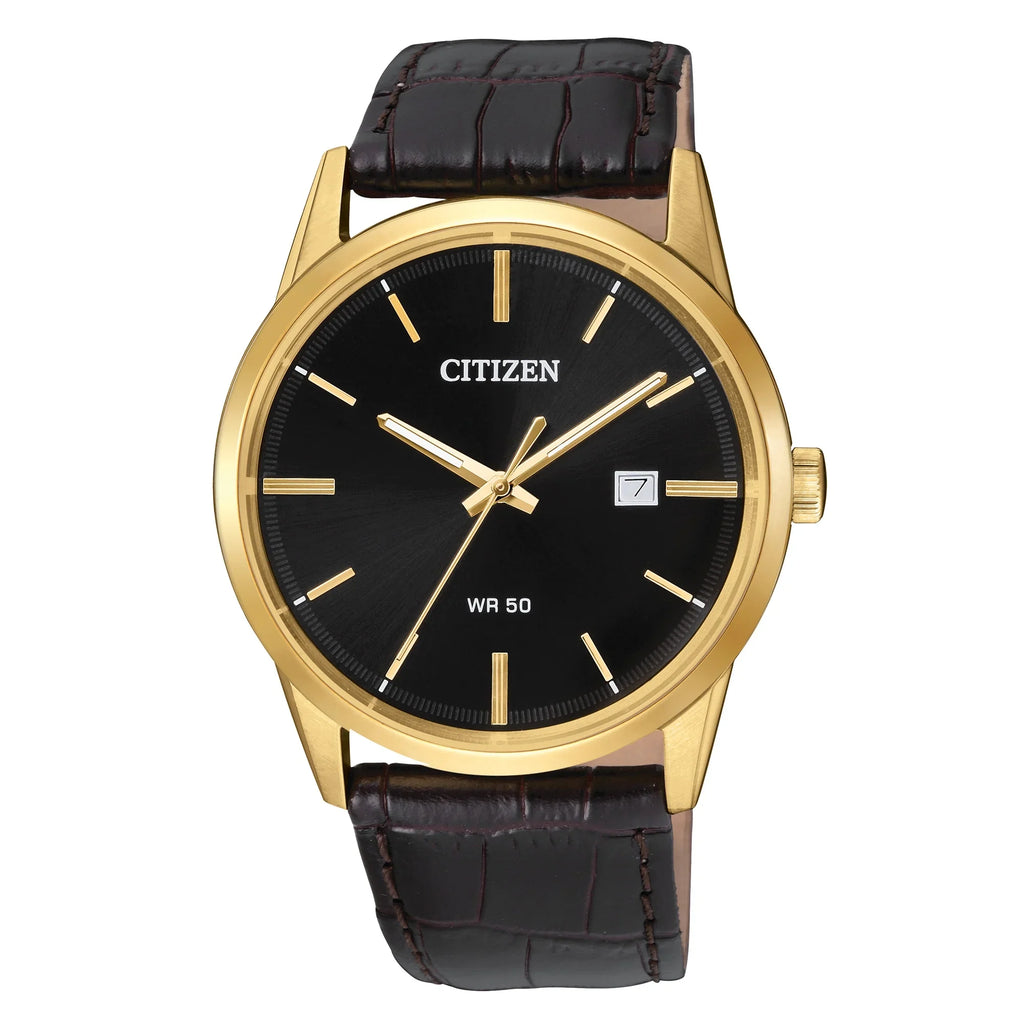 Citizen Men's Quartz -06E Gold Tone Leather Band Black Dial Date Watch