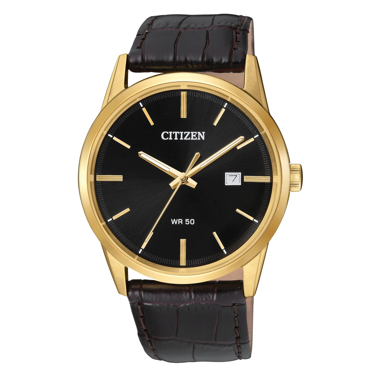 Citizen Men's Quartz -06E Gold Tone Leather Band Black Dial Date Watch