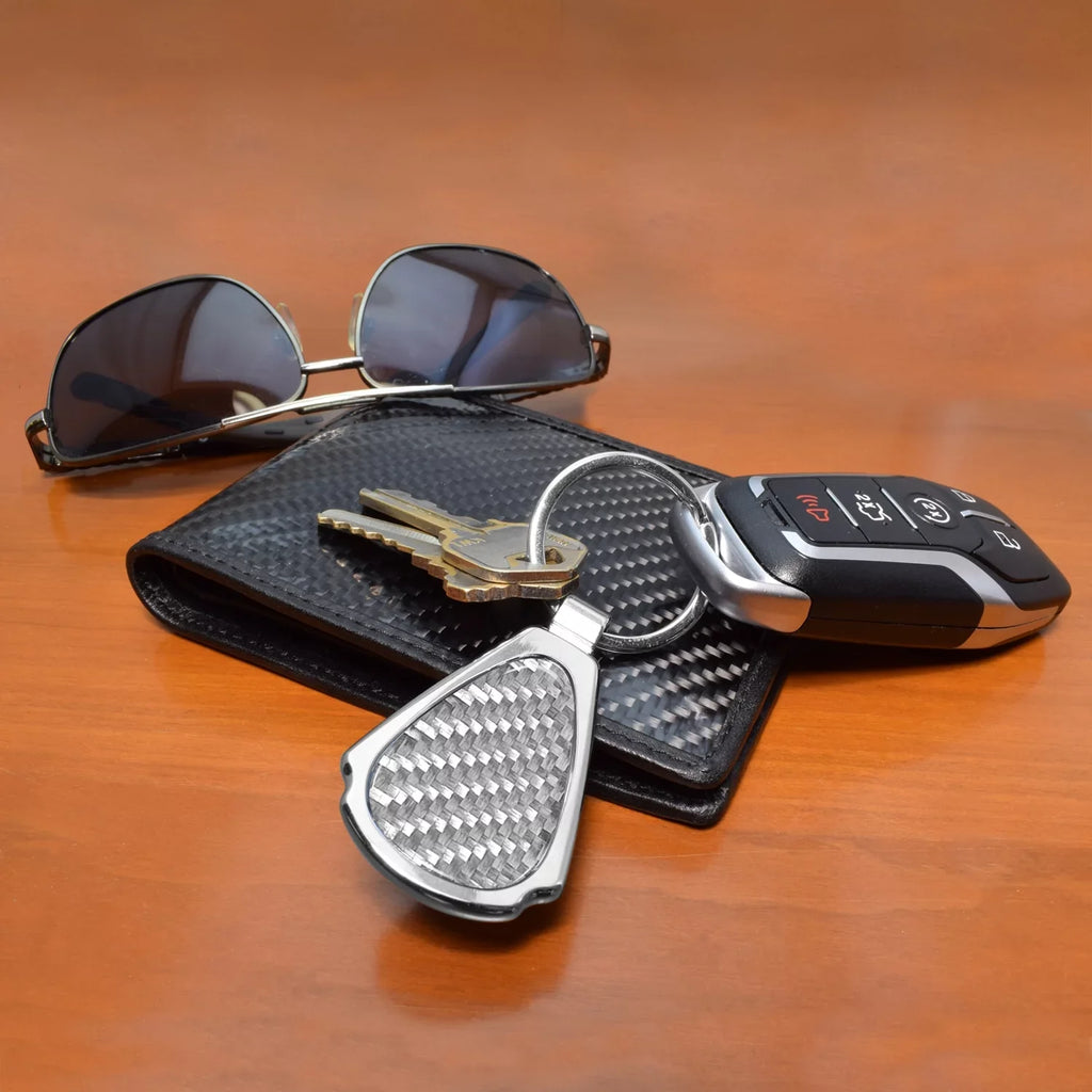 iPick Image for Cadillac  Real Silver Dome Carbon Fiber Chrome Metal Teardrop Key Chain, Official Licensed