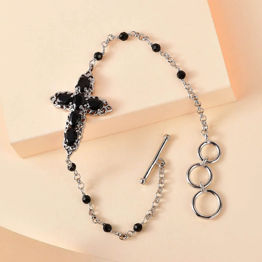 Shop  Black Spinel Oval Platinum Plated Cross Bracelet for Women Jewelry Ct 4.79 Mothers Day Gifts for Mom