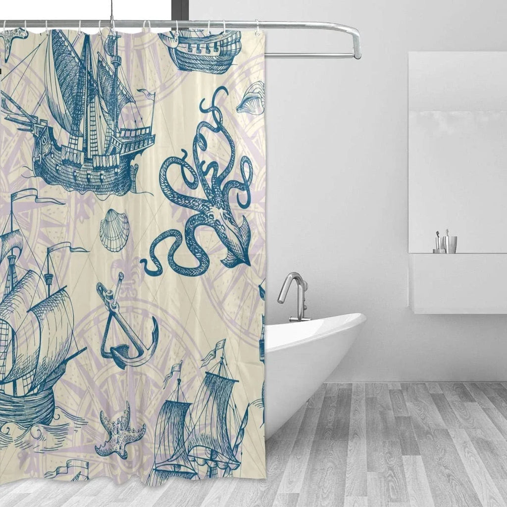 Wellsay Old Caravel Vintage Sailyacht Sea Monster Shower Curtain Liner, 72 x 72 Waterproof Fabric Shower Curtains with Hooks for Bathroom Hotel