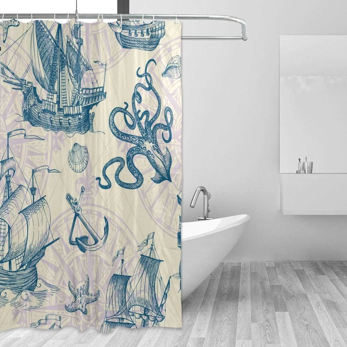 Wellsay Old Caravel Vintage Sailyacht Sea Monster Shower Curtain Liner, 72 x 72 Waterproof Fabric Shower Curtains with Hooks for Bathroom Hotel