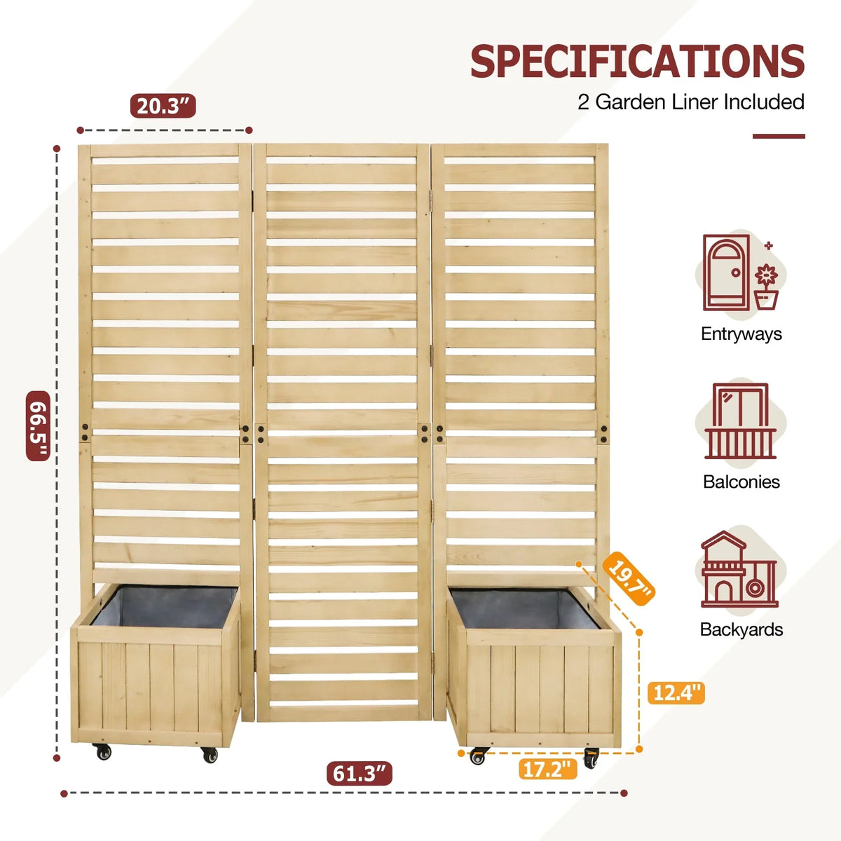 Tri Fold Outdoor Cedar Privacy Screen with 2 Raised Garden Beds, 3 Hinged Panels for Patio, Deck, Backyard, Freestanding Privacy Panel with Planter Boxes,61.3'' x 19.7'' x 66.5'',Natural