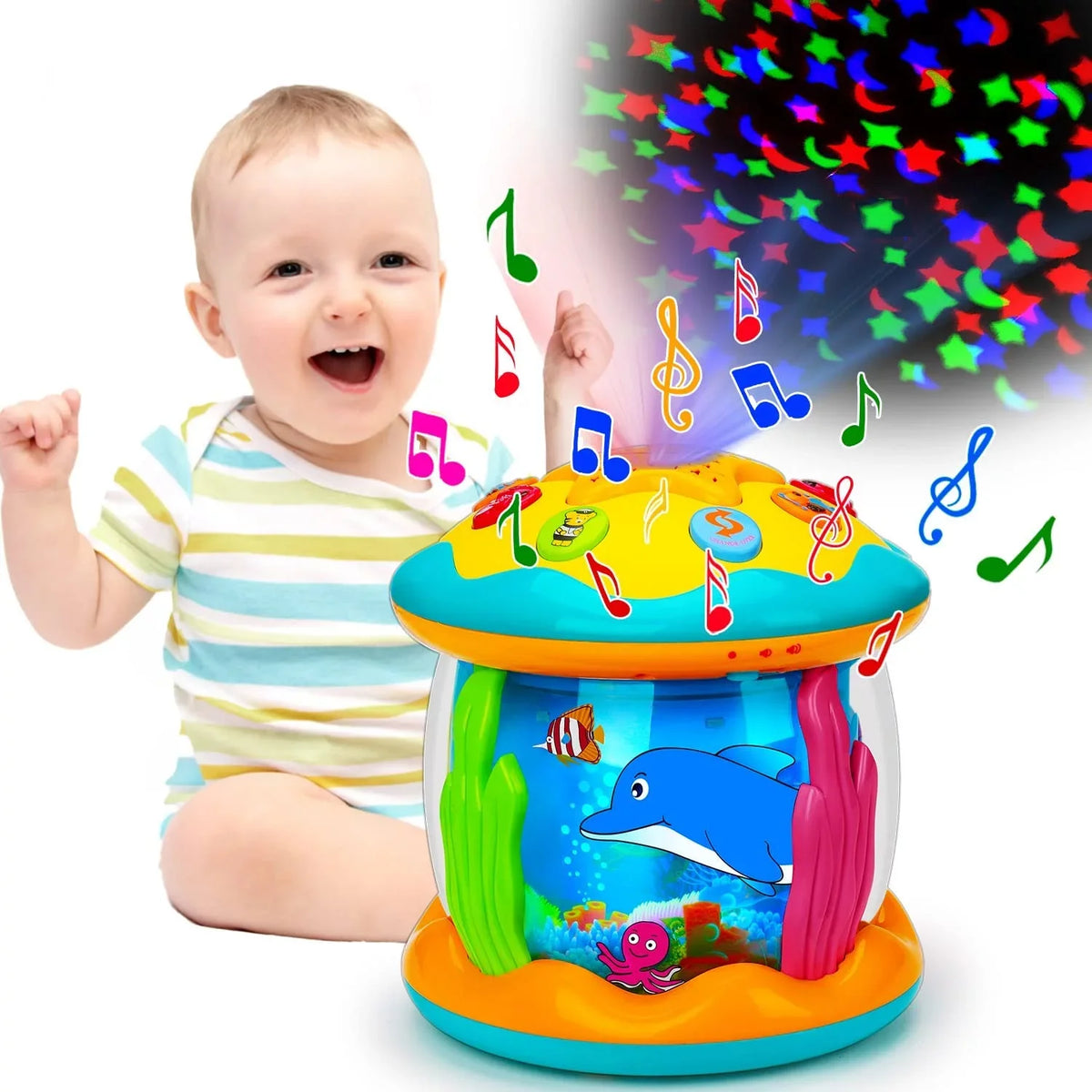 Baby Toys 6 to 12 Months 4 in 1 Musical Projector Ocean Rotating Tummy Time Learning Crawling Light Up Toys