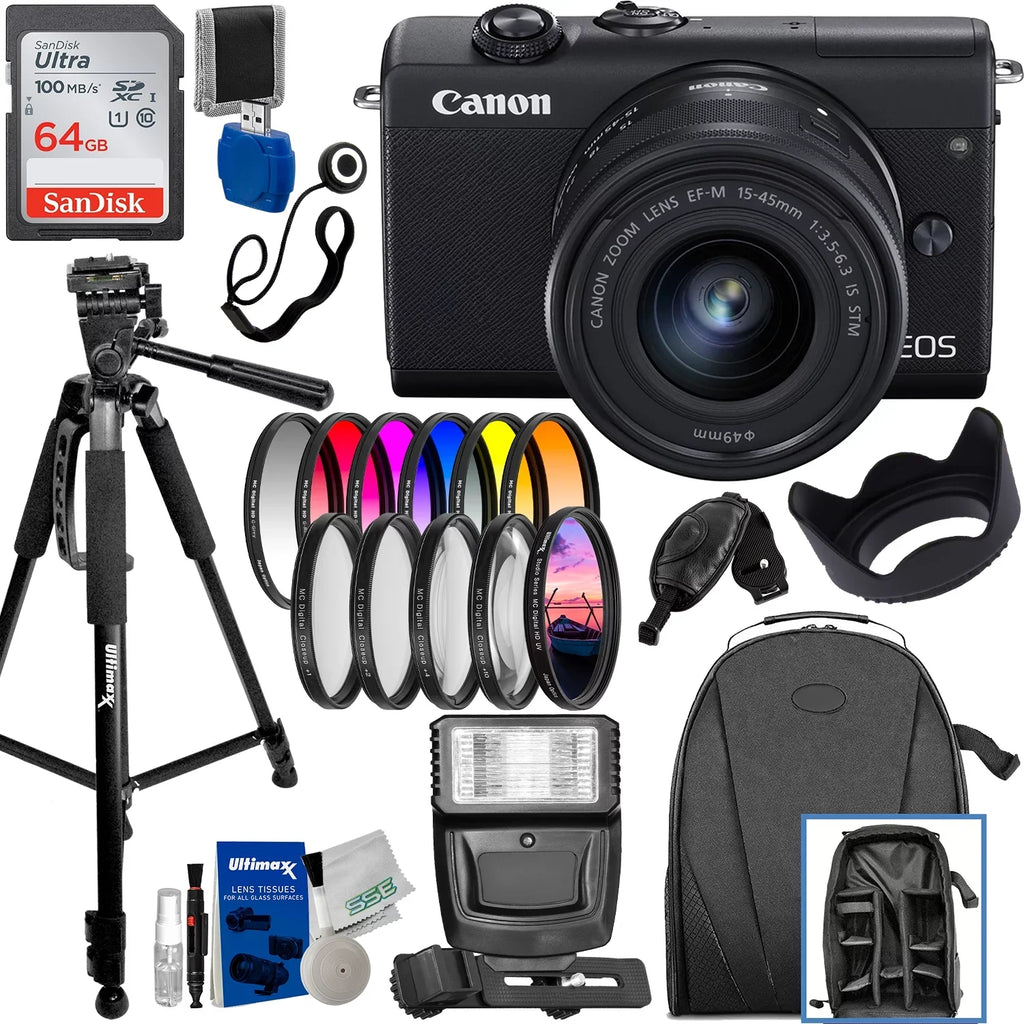 Ultimaxx Deluxe Canon   Mirrorless Camera w/ 15-45mm f/3.5-6.3   Lens Bundle - Includes: 64GB Ultra Memory Card, Digital Flash with Bracket & Much More
