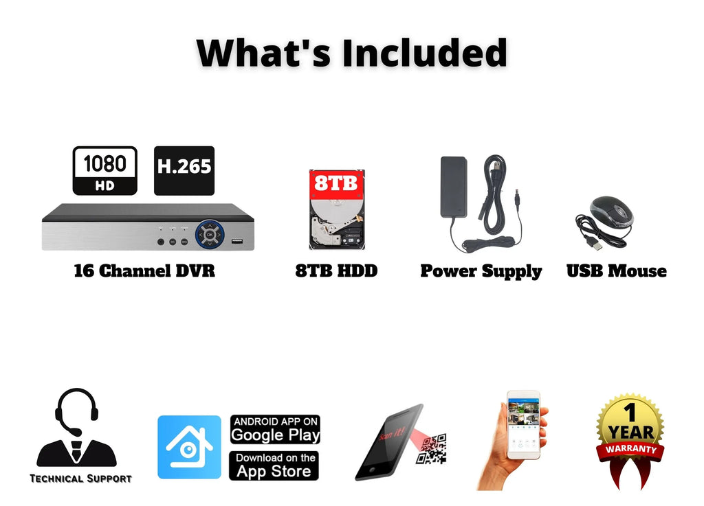 Evertech 16 Channel Hybrid  1080P Security Camera Recorder with 8TB  Compatible with    Analog Cameras