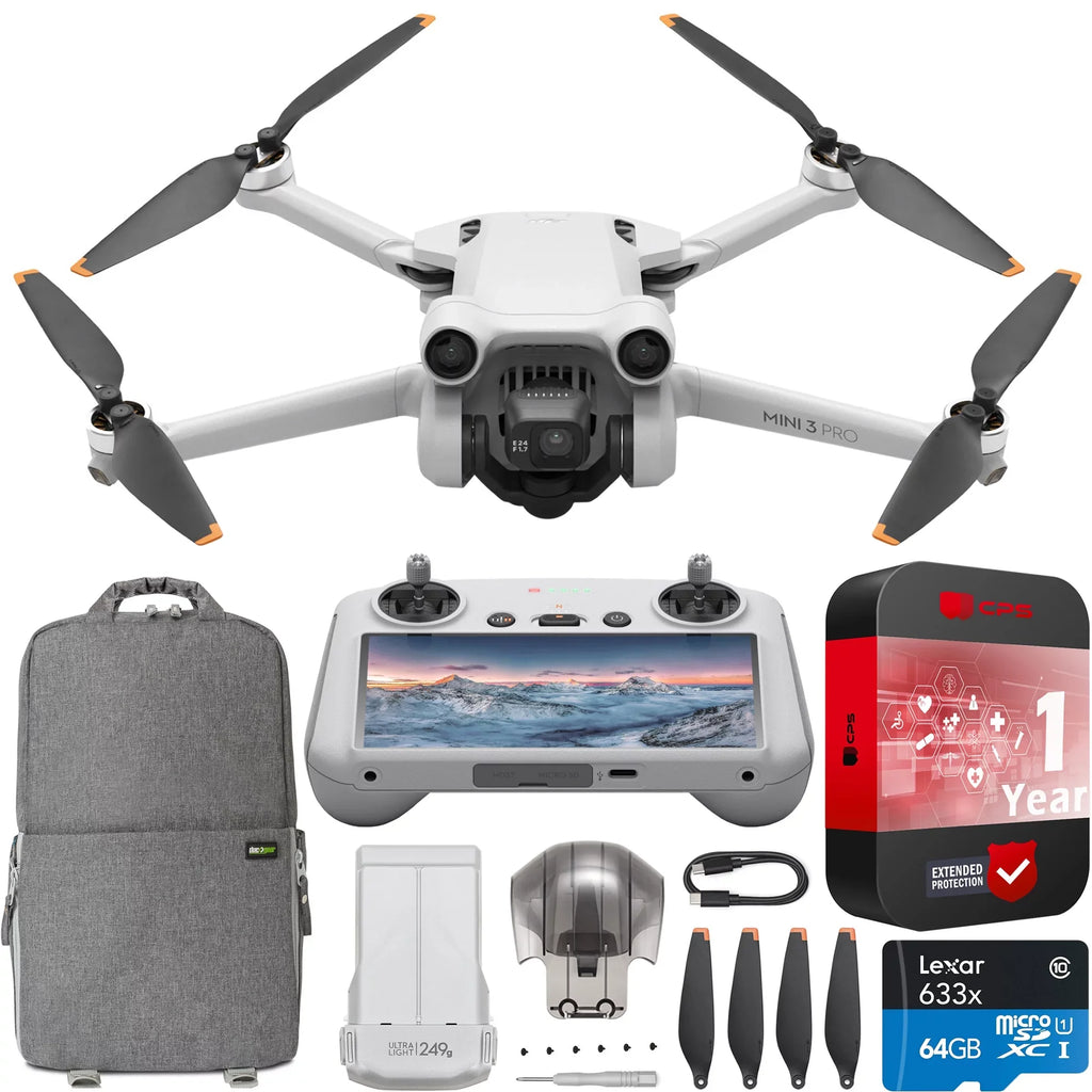 Mini 3 Pro Camera Drone Quadcopter +  Smart Controller (With Screen), 4K/60fps Video, 48MP Photo, 34min Flight Time, Tri-Directional Obstacle Sensing, Bundle w/ Deco Gear Backpack + Accessories