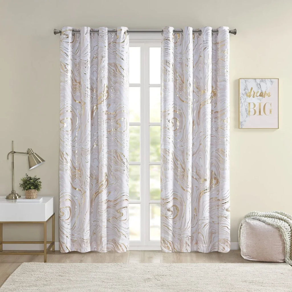 Rebecca Grommet Top Printed Marble Metallic Total Blackout Curtain -1982 By Olliix