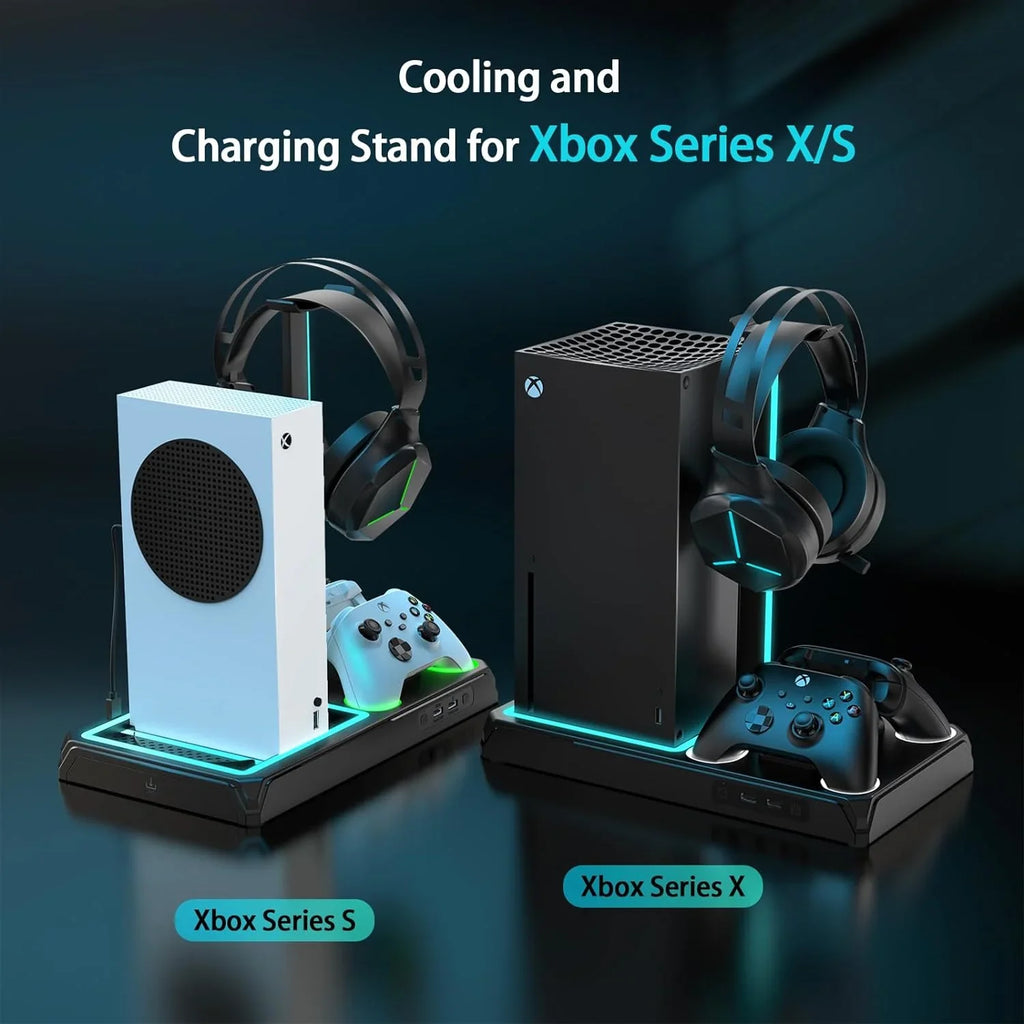 Vertical Charging Stand with Cooling Fan for Xbox Series /, Cooling Station Dock with 12 Games Storage Organizer, Dual Controller Charger Station & Headphone Holder with 2  1400 mAh Battery Packs