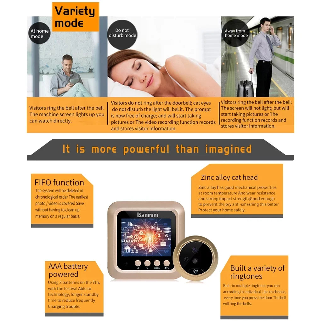 2.4" inch Peephole Viewer Camera Video Doorbell Door Eye Wide Angle Night Vision No Disturb 2.0MP Door Bell Security Cam Need Drilling