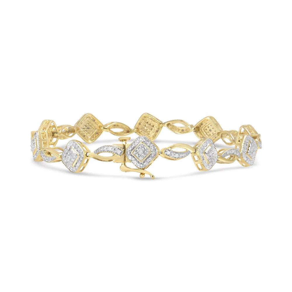 10K Yellow Gold Plated .925 Sterling Silver 1/4 Cttw Diamond Alternating Art Deco Square and Swirl Link 7.25" Bracelet (- Color, - Clarity)