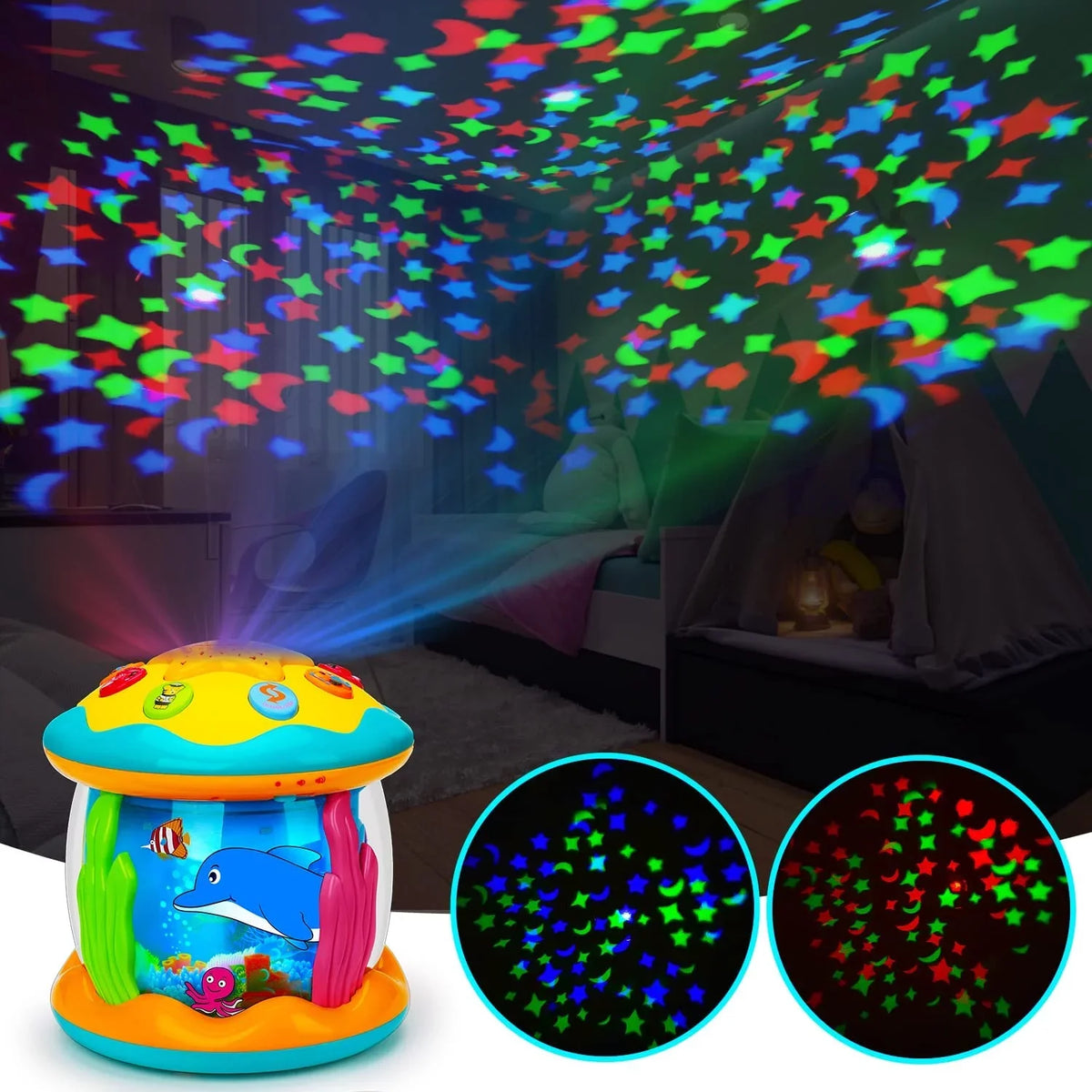 Baby Toys 6 to 12 Months 4 in 1 Musical Projector Ocean Rotating Tummy Time Learning Crawling Light Up Toys
