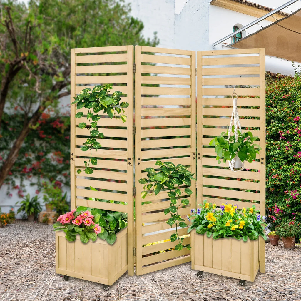 Tri Fold Outdoor Cedar Privacy Screen with 2 Raised Garden Beds, 3 Hinged Panels for Patio, Deck, Backyard, Freestanding Privacy Panel with Planter Boxes,61.3'' x 19.7'' x 66.5'',Natural