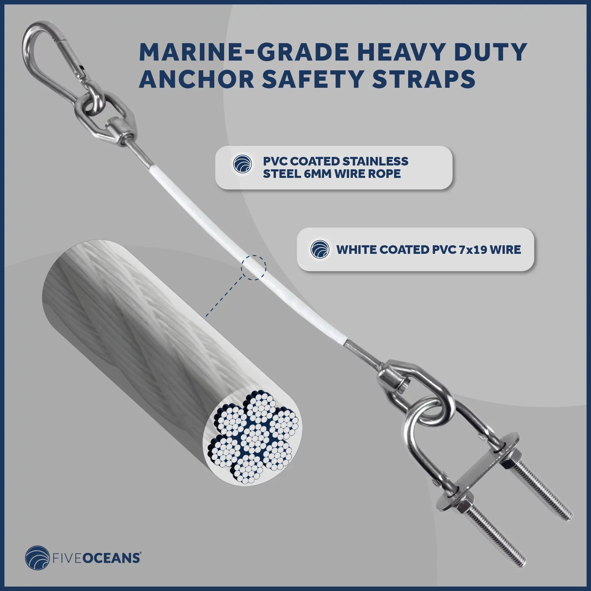Five Oceans 12-Inch Anchor Safety Straps, Heavy Duty 7x19  Coated Stainless Steel 6mm Wire Rope, Includes 5/16-Inch Carabiner Snap Hook and 5/16-Inch -Bolt -