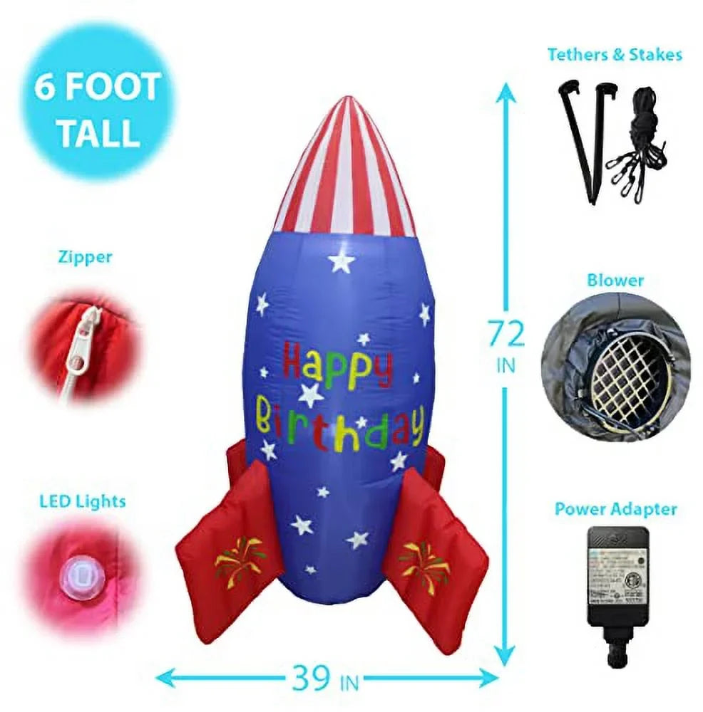 Blossom Inflatables 6 Foot Tall Happy Birthday Inflatable Rocketship   Flag Stars Design Pre-Lit  Lights Lighted Blowup Party Decoration for Outdoor Indoor Home Garden Family Prop Yard