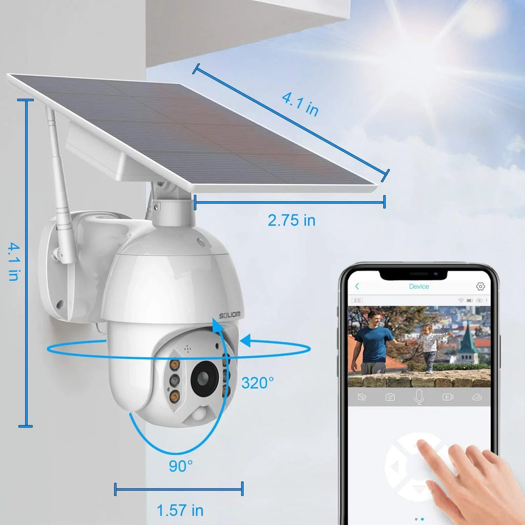 Security Camera Outdoor,Wireless WiFi Pan Tilt Spotlight Solar Battery Powered Motion Detection Home Camera with Color Night Vision,2.4G WiFi ,Secure Cloud/Sd Slot Storage -