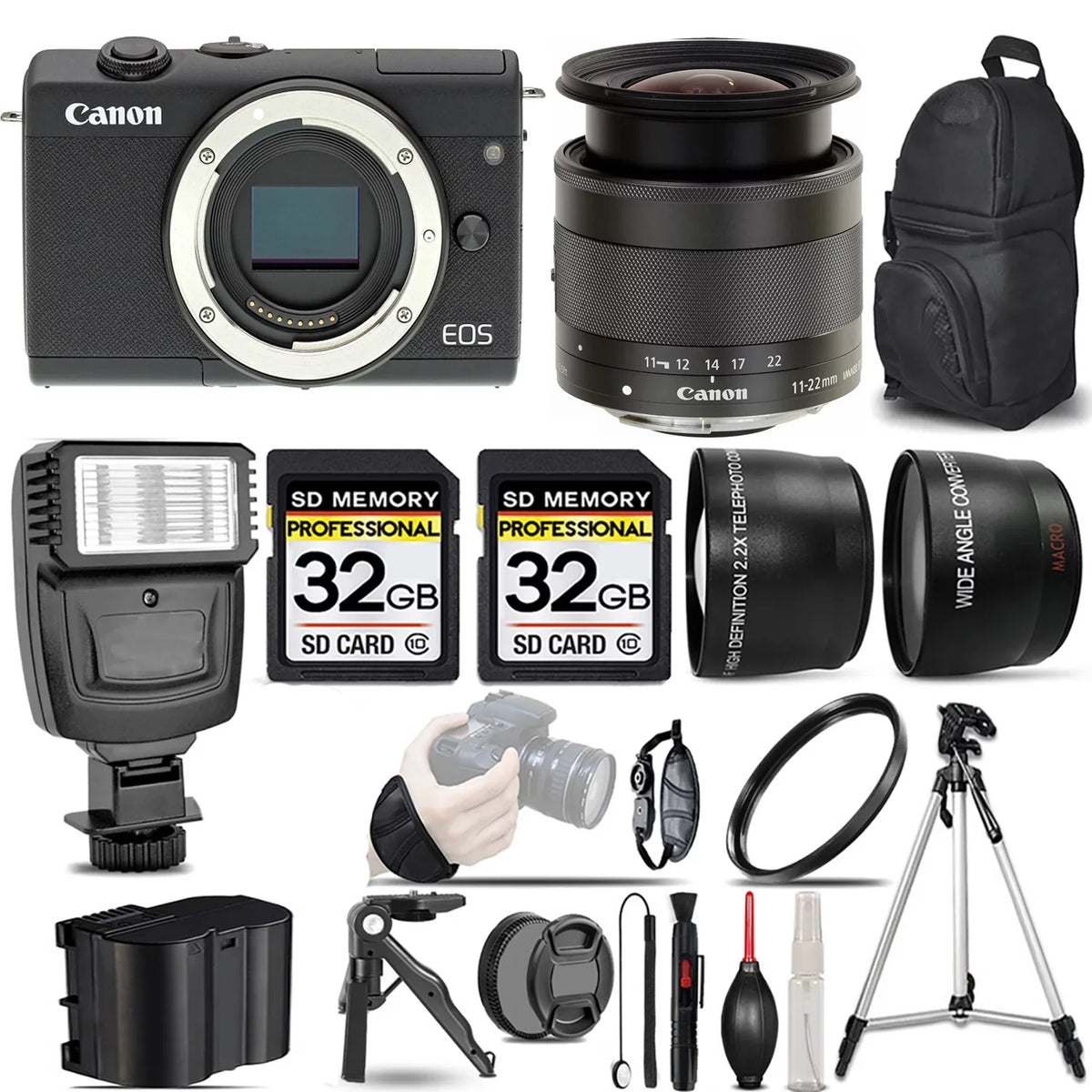 Canon   Mirrorless Camera (Black) +11-22mm f/4-5.6   Lens +Flash +64GB- Kit