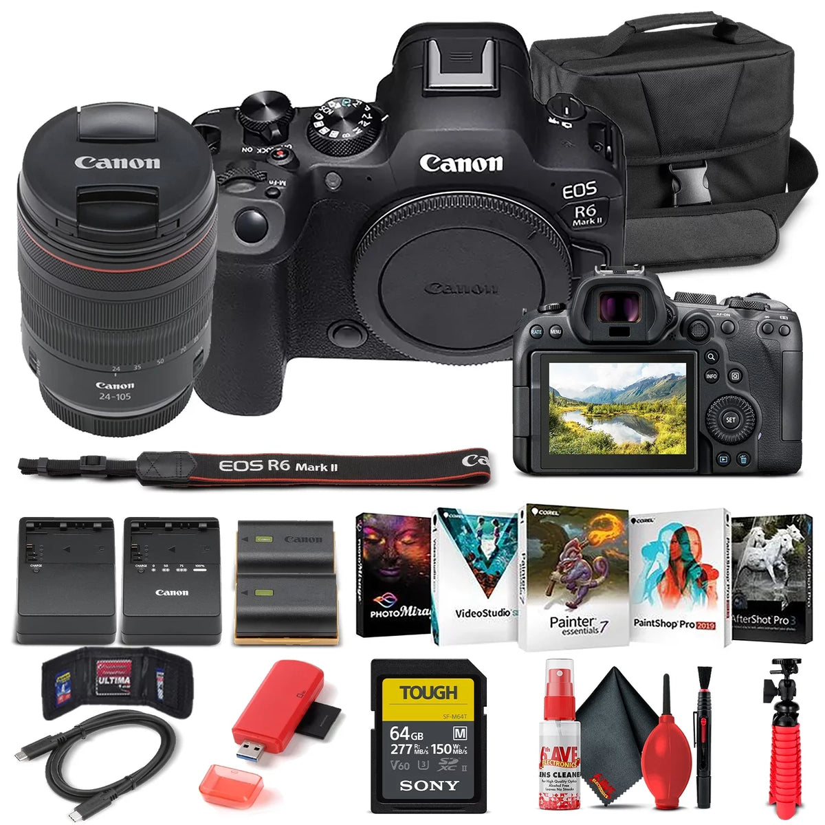 Canon   Mark  Mirrorless Camera with 24-105mm f/4 Lens (5666C011) + 64GB Memory Card + Case + Corel Photo Software +  Battery + External Charger + Card Reader + More