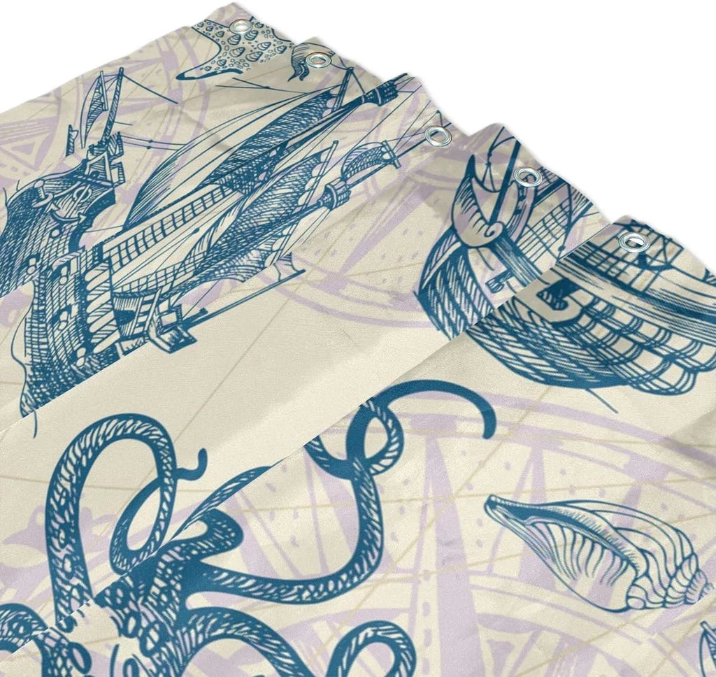 Wellsay Old Caravel Vintage Sailyacht Sea Monster Shower Curtain Liner, 72 x 72 Waterproof Fabric Shower Curtains with Hooks for Bathroom Hotel