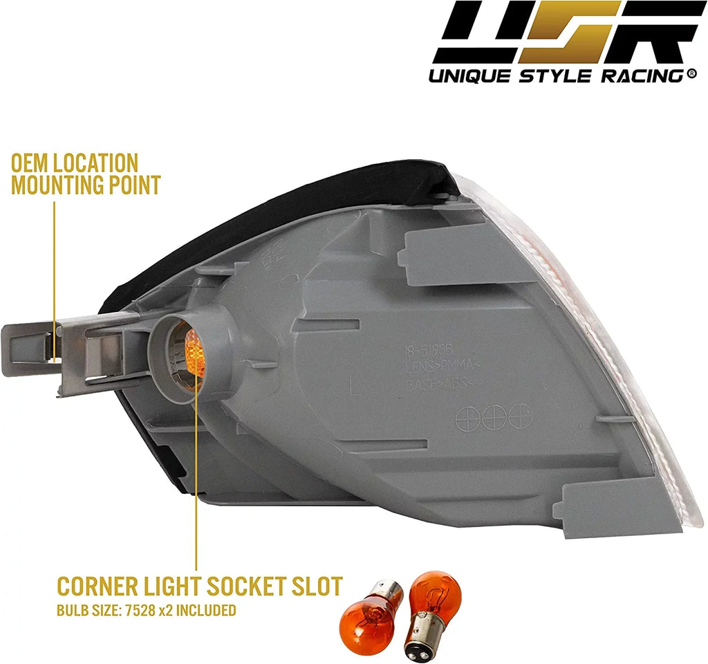 Corner Lights - Replacement Amber / Clear Frost Lens Front Turn Signal Lamps Set (Left + Right) Compatible with 1990-2002 Mercedes Benz  Chassis  Class Roadster