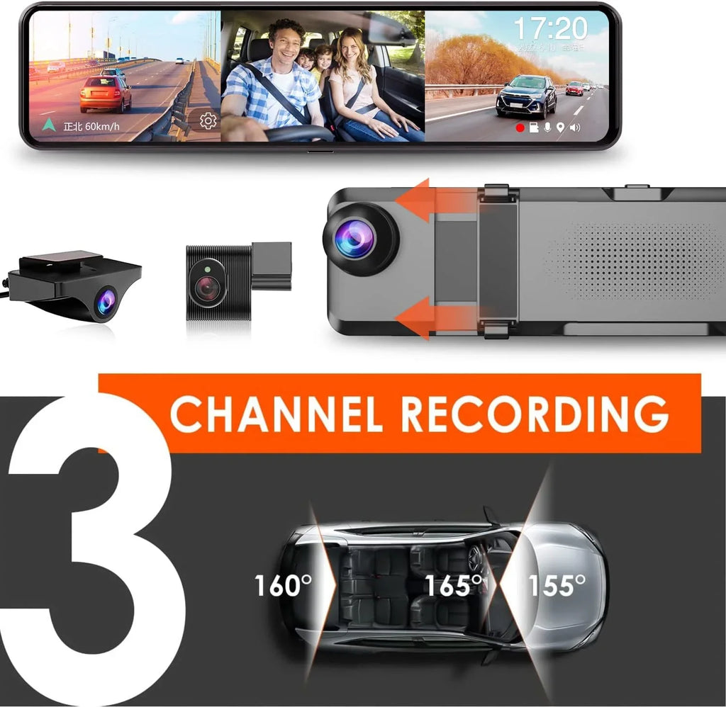 3 Channels Dash Cam 4K  11" Touch Screen Rear View Mirror Camera for Car Night Vision -Sensor Parking Monitor 32GB Card