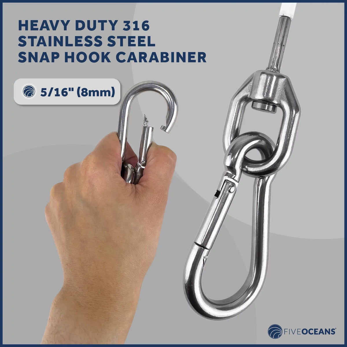 Five Oceans 12-Inch Anchor Safety Straps, Heavy Duty 7x19  Coated Stainless Steel 6mm Wire Rope, Includes 5/16-Inch Carabiner Snap Hook and 5/16-Inch -Bolt -