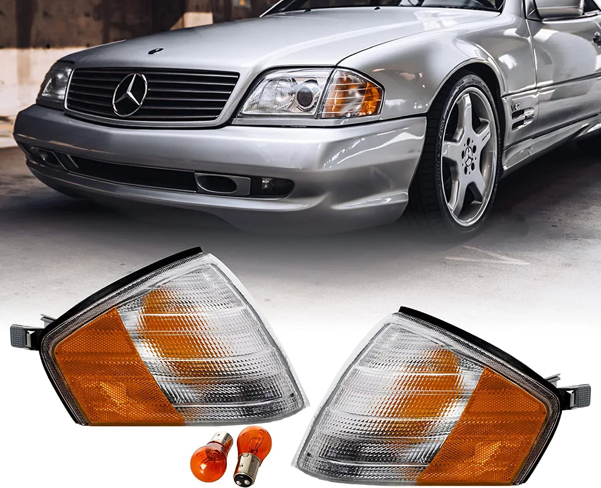 Corner Lights - Replacement Amber / Clear Frost Lens Front Turn Signal Lamps Set (Left + Right) Compatible with 1990-2002 Mercedes Benz  Chassis  Class Roadster