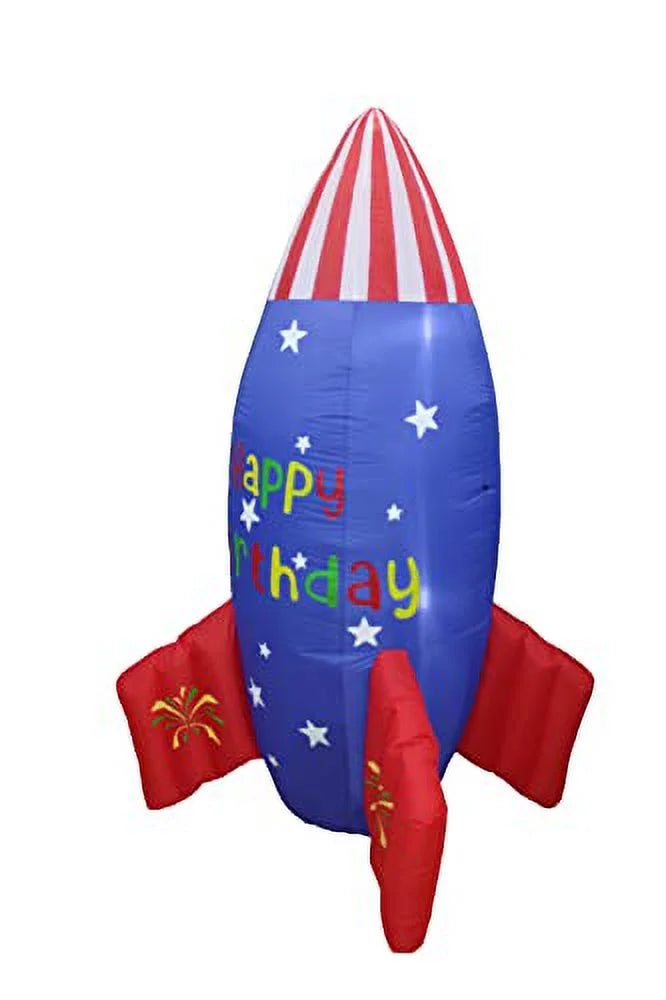 Blossom Inflatables 6 Foot Tall Happy Birthday Inflatable Rocketship   Flag Stars Design Pre-Lit  Lights Lighted Blowup Party Decoration for Outdoor Indoor Home Garden Family Prop Yard