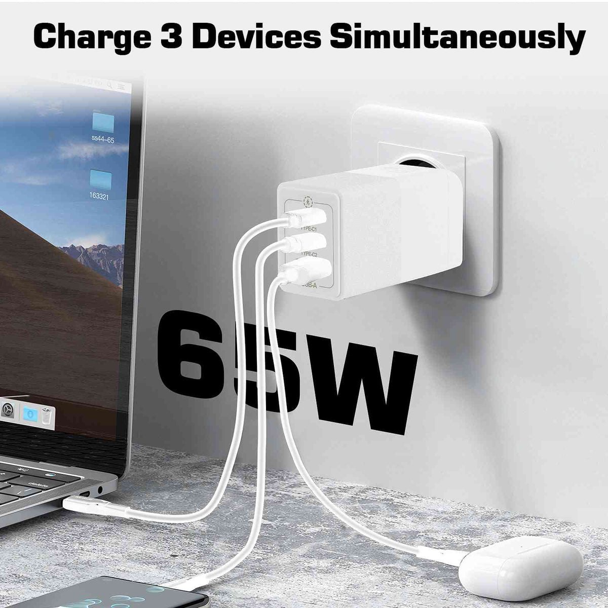 UrbanX 65W Fast Travel Charger with 3 Ports  & Dual - High-Speed Charging Compatible with Ulefone Power Armor 16 Pro/Armor 15/Power Armor 14 Pro/Power Armor 14/Armor 12 5G, iPhone, Samsung